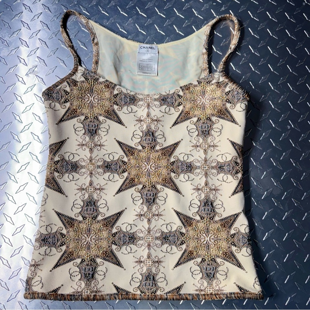 Chanel 2006 Vintage Crystal Studded Star Skirt/Camisole Set in Gold/Ecru - Picture 2 of 7
